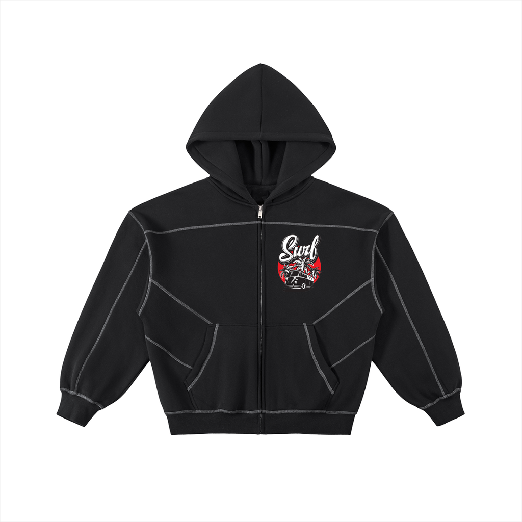 Contrast-Stitched Boxy Fleece Zip Hoodie